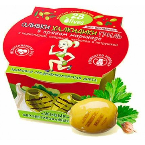 Оливки Халкидики Гриль в пряном маринаде, бкосточки 150 г | 28seeds