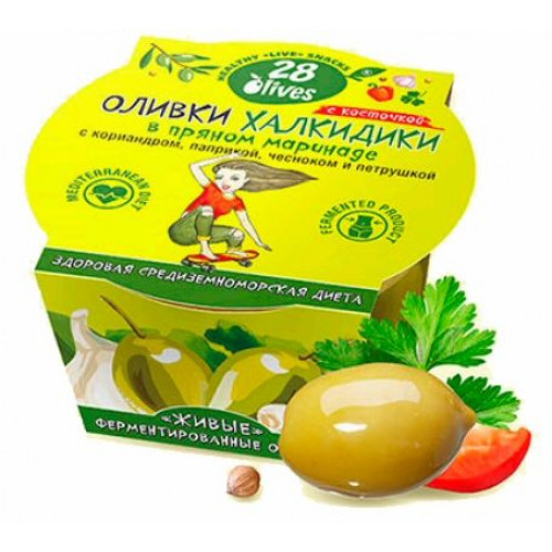 Оливки Халкидики в пряном маринаде, с косточкой 150 г | 28seeds