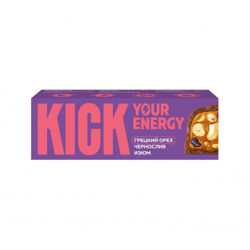 Батончик "KICK energy" арахисовый с изюмом и черносливом в карамельном шоколаде 45г Батончик "KICK energy" арахисовый с изюмом и черносливом в карамельном шоколаде 45г