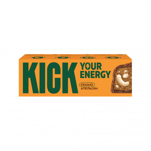 Батончик "KICK energy" кешью с какао и маслом апельсина в карамельном шоколаде 45г Батончик "KICK energy" кешью с какао и маслом апельсина в карамельном шоколаде 45г