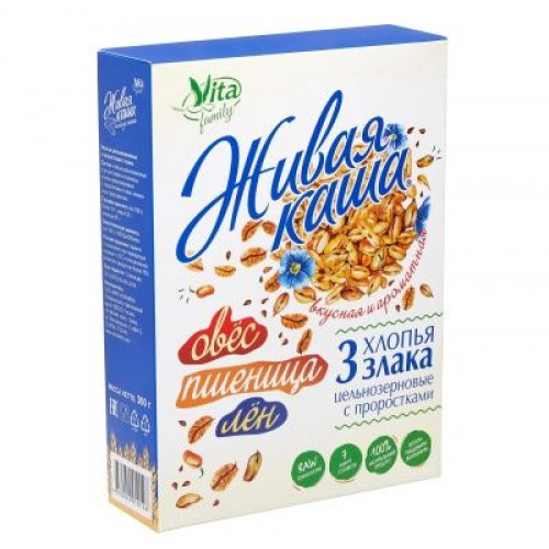 Каша живая "Vita" "3 злака" хлопья овёс, пшеница, лён 300г Каша живая "Vita" "3 злака" хлопья овёс, пшеница, лён 300г