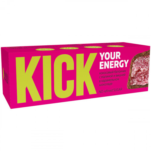 Батончик кокосовый с вишней и малиной в карамельном шоколаде KICK 45 г/10 шт | Батончик кокосовый с вишней и малиной в карамельном шоколаде KICK 45 г/10 шт |