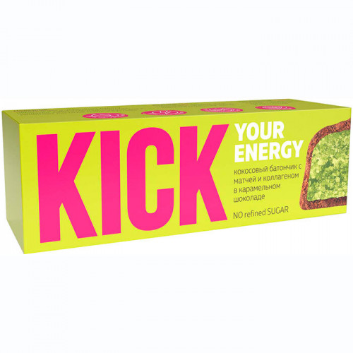 Кокосовый батончик с матчей и коллагеном в карамельном шоколаде KICK 45 г/10 шт | 